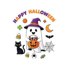 Cute Happy Halloween Spooky Skeleton Pumpkin Trick or Treat Skull and Bat Illustration