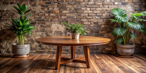 Fototapeta premium Wooden round brown table on rustic wooden floor with worn stone wall and natural plants in a cozy living room