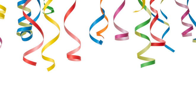 Colorful party streamers cascade against a dark backdrop, creating a festive and celebratory atmosphere.