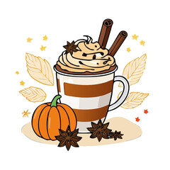 Autumn Pumpkin Spice Latte Vector Set — Cozy Coffee Mug with Whipped Cream, Cinnamon Sticks, Pumpkins, and Fall Leaves
