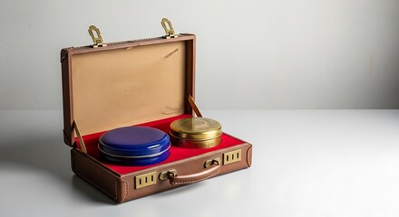 Open vintage brown leather briefcase with combination locks and two round containers inside.
