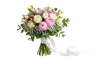A beautiful bouquet of pastel pink, white, and cream roses, peonies, and other delicate flowers, tied with a soft white ribbon, set against a clean black backdrop.