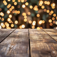 Rustic Wooden Tabletop with Festive Bokeh Lights
