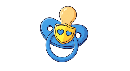 A simple, stylized illustration of a bright blue pacifier, set against a bold black background, featuring a yellow shield adorned with two small, charming blue hearts.
