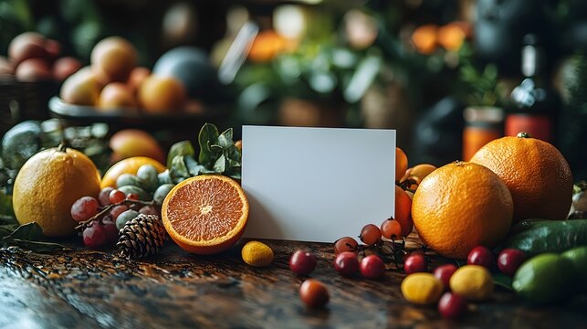 Blank white card on rustic table surrounded by fresh vibrant fruits symbolizing healthy food promotion and organic produce