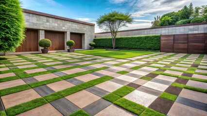 Modern home exterior showcasing a sophisticated patio design with geometrically patterned paving stones and interspersed patches of vibrant green lawn
