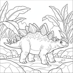 A cute cartoon stegosaurus in a prehistoric jungle. Jurassic period and ancient wildlife concept. A friendly dinosaur character for a children's coloring book page.