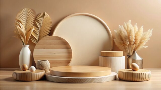 Wooden round display stand on beige background with various decorative items displayed, organizer