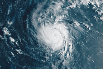 A swirling mass of clouds dominates, spiraling over a textured, blue ocean. The center is bright, defined and contrasting with the surrounding darker areas