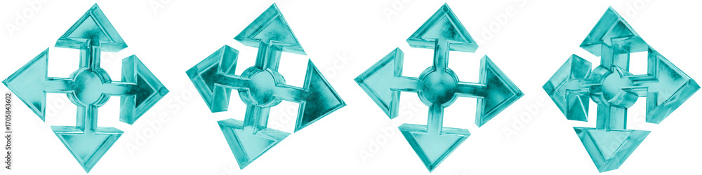 Poster set of four 3d cursor drag drop shapes in frosted blue ice glass style, isolated on a transparent ba
