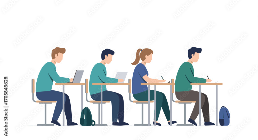 Aufkleber students progressing from digital to written study in a classroom setting