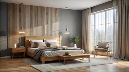 Warm wooden bed against soft grey wall with cozy reading corner and natural light filtering through sheer curtains, interior design, bedroom