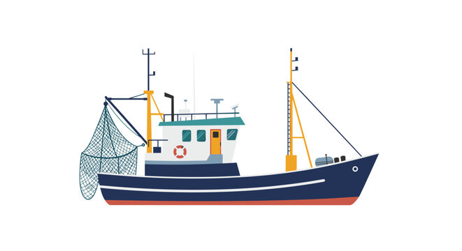 Fishing trawler with nets in flat design on white background