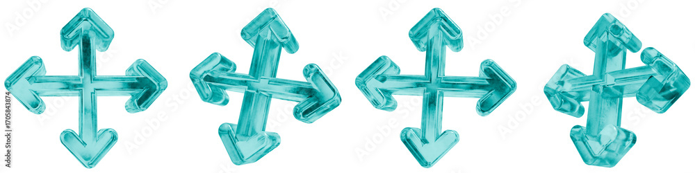Poster set of four 3d drag arrow shapes in frosted blue ice glass style, isolated on a transparent backgrou