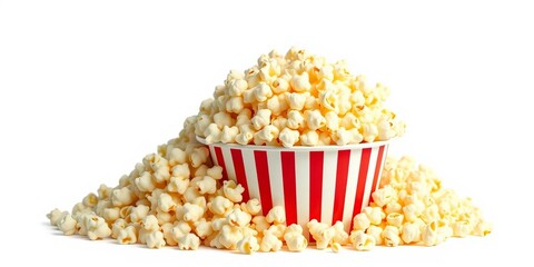 A fluffy mountain of delicious popcorn overflowing a charming paper bucket, isolated on white,  yummy,  light
