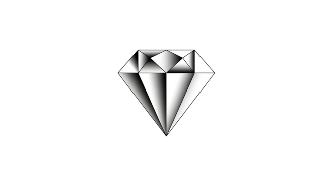 A stylized, geometric diamond shape stands out against a pure black background, showcasing intricate facets and a three-dimensional effect.