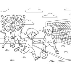 Happy children playing soccer on a sports field. Teamwork and physical activity concept. A group of kids in a football match for a coloring book page.