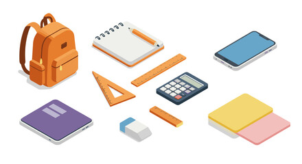 Isometric school supplies with modern gadgets on white background