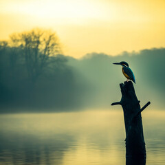 Serene sunrise: kingfisher perched on a weathered snag in misty lake