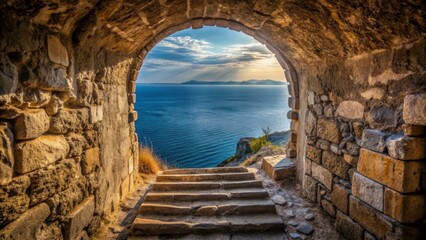 A worn stone staircase leading to a dark and mysterious entrance of an old fortress ruin with a breathtaking view of the Aegean Sea , sea view, entrance