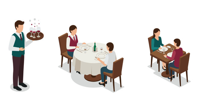 Isometric restaurant scenes with dining couples and waiter serving wine
