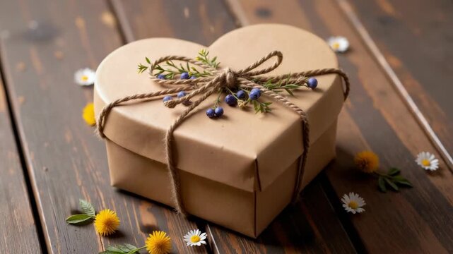 Heart-shaped gift box wrapped with twine and flowers on wooden table  