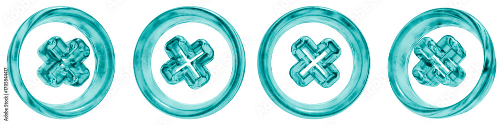 Poster set of four 3d remove cross outline shapes in frosted blue ice glass style, isolated on a transparen