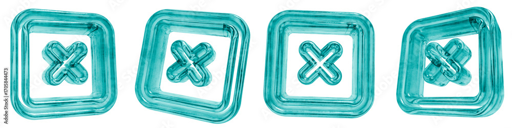 Poster set of four 3d close window outline shapes in frosted blue ice glass style, isolated on a transparen