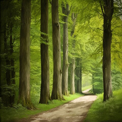 Serene path through a sun-dappled forest, tall trees lining a tranquil way