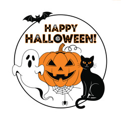 Cute Happy Halloween Spooky Skeleton Pumpkin Trick or Treat Skull and Bat Illustration