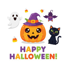 Cute Happy Halloween Spooky Skeleton Pumpkin Trick or Treat Skull and Bat Illustration