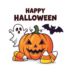 Cute Happy Halloween Spooky Skeleton Pumpkin Trick or Treat Skull and Bat Illustration