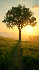 Obraz premium Tall Tree Standing in Sunlit Field During Sunset in Rural Landscape