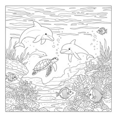Fototapeta premium Underwater ocean scene with marine animals. Sea life and nature concept. Dolphins, turtle, and fish swimming in a coral reef coloring page.
