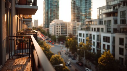 A warm sunset view from a balcony overlooking a busy city street with modern buildings and light traffic.