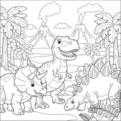 Group of friendly dinosaurs in a prehistoric landscape. Jurassic world with volcanoes. Cartoon T-Rex, Triceratops, and Stegosaurus for coloring.