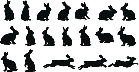 Rabbit silhouettes set, bunny poses vector illustration, woodland animal design, hare clipart collection for Easter, spring, nature and wildlife artwork