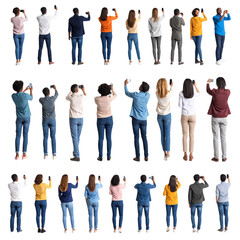 A happy group of young friends stands together, smiling in casual fashion