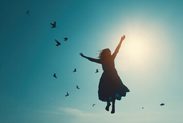 Silhouette of a person in a dress jumping with outstretched arms in a clear sky surrounded by flying birds with a bright light source