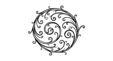 Ornate, circular design with swirling, detailed floral patterns on a dark background.