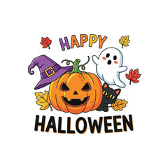 Cute Happy Halloween Spooky Skeleton Pumpkin Trick or Treat Skull and Bat Illustration