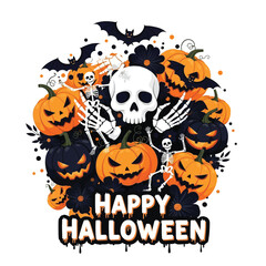 Cute Happy Halloween Spooky Skeleton Pumpkin Trick or Treat Skull and Bat Illustration