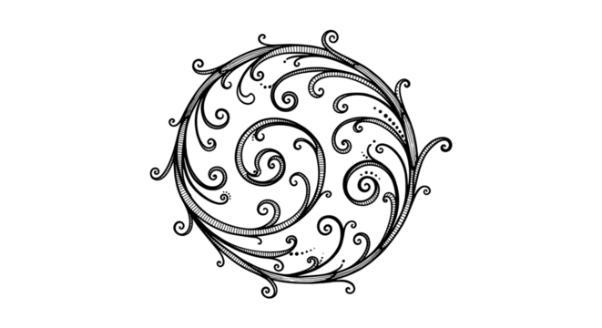 Ornate, circular design with swirling, detailed floral patterns on a dark background.