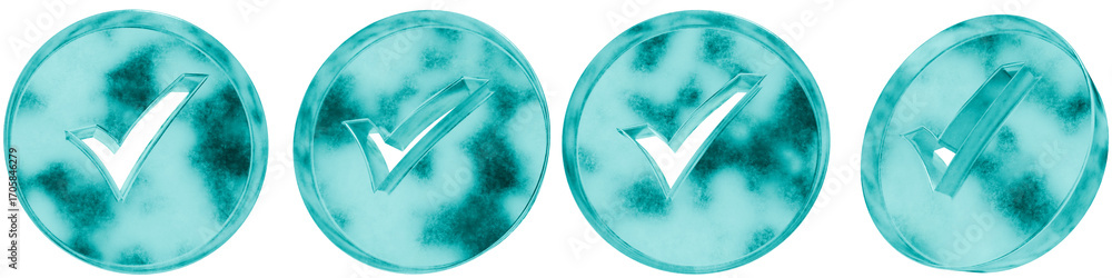 Poster set of four 3d right correct shapes in frosted blue ice glass style, isolated on a transparent backg