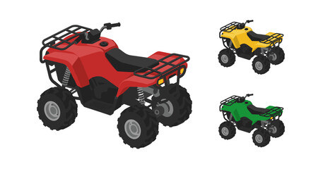Colorful isometric all-terrain vehicles set with red, yellow, and green models