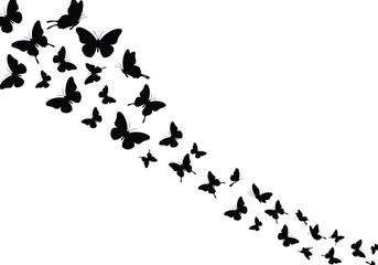 Butterfly swarm silhouette flying in diagonal curved downward pattern, black insects group, decorative butterfly vector, elegant flying butterfly design illustration