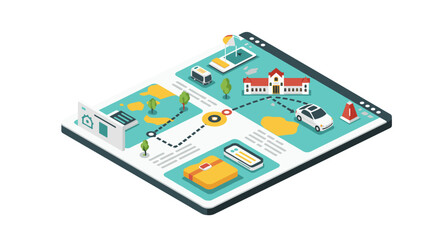 Isometric smart city map layout with autonomous cars and technology elements