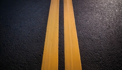 close up view of a dark asphalt road surface with two bright yellow double lines showcasing the texture and detail of the road s composition