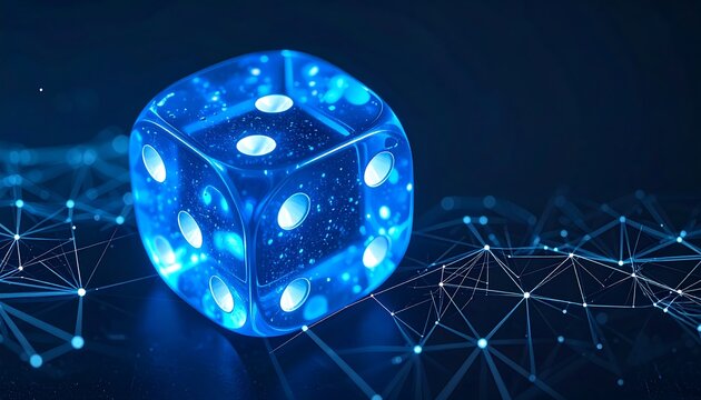 Glowing blue die on a dark digital network