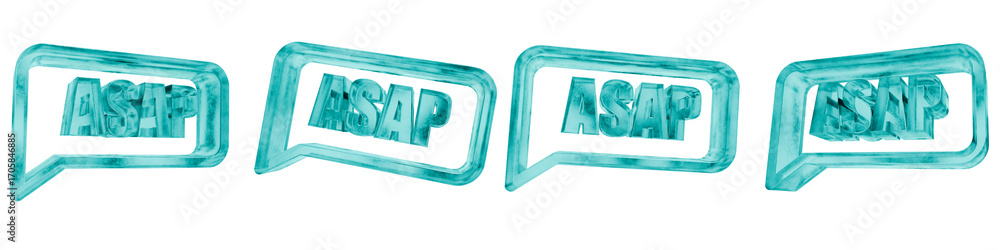 Poster set of four 3d asap message shapes in frosted blue ice glass style, isolated on a transparent backgr
